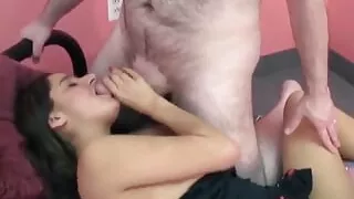 Brunette rides a hairy older man's small cock
