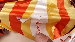 Flight attendant scarves ejaculate