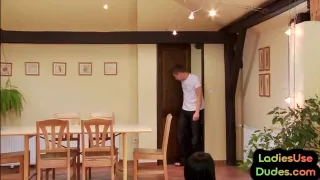 Femdom CFNM secretary fucks guy in 3some with strapon