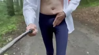 THE DARE! Walking a main forest pathway bare feet in leggings hard cock
