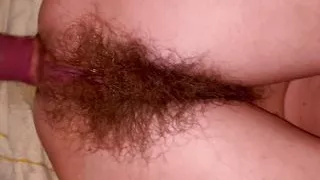Slim super hairy MILF does anal and squirts a lot