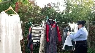 In police uniform to pick up laundry