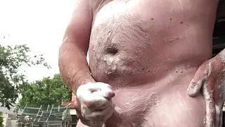 Showering outside with happy ending