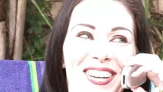 Horny milf in a blue bikini masturbating with a big fat dildo