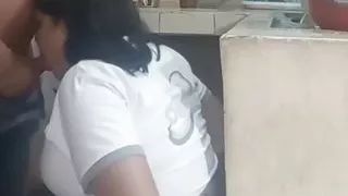 Maid fucking and sucking when she washes dirty dishes