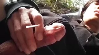 Caught jerking off my cock sticking out of my very short shorts, I wait him gone, to wank again and cum outdoor  Caught masturba