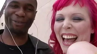 Redhead cougar needs to check this stud's tool while still outdoor