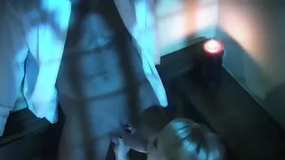 A pale vampire pounds the blonde milf with big tits on the staircase before giving her a facial