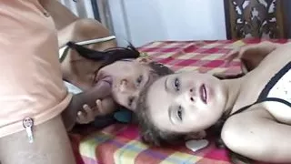 Cock sucking MFF trio teens sharing dick