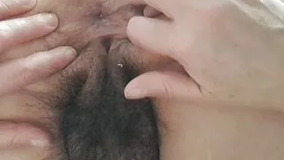 wife shows tits and hair covers her pussy