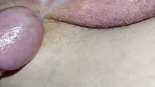 Double creampie in and on hairy pussy