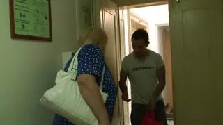 Big tits blonde granny rides his hard dick