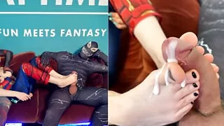 Captain Marvel Foot Fetish with Husband Watching (Spiderman) - Playtime Cosplay