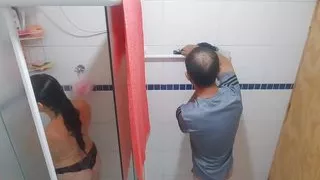 naughty old stepfather watches his stepdaughter in the shower! and made her give a blowjob, and feel his dick in her pussy!