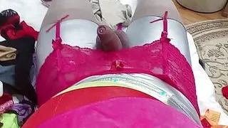 Crossdresser with wife lingerie cumshots