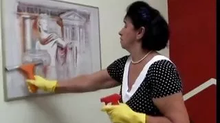 This granny cleaning lady ends up having a big young cock in her hungry pussy