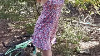 Stranger took on cam sexy girl in cute short dress masturbating in the forest