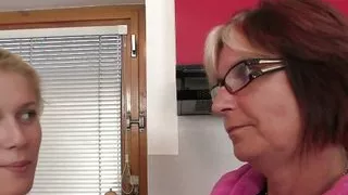 Lesbian blonde teen and mom toying on kitchen