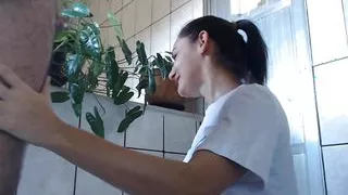 Going to water the plants in the hallway and my husband arrives naked with a hard dick, I suck his dick until he cums on my face