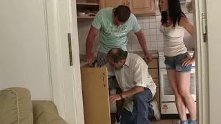 Slutty brunette teen riding BF old step-dad's dick