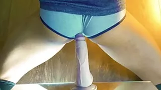 Riding against Mirror Wall in Tanktop, Stockings and Tan Line