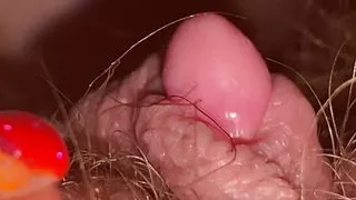Extreme Close up huge clit head and hairy pussy