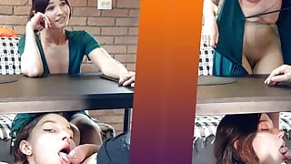 Stepmom seduces her stepson while stepsister sucks him under the table
