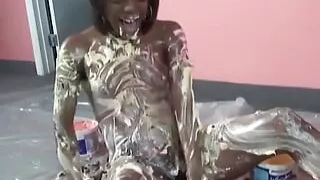 Cute bitch rubbing ice cream all over her sexy body