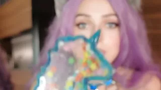 sexy kitty rides a dildo! sucking a lollipop! plug in the ass! creampie