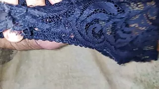 Double cumshots on blue thong