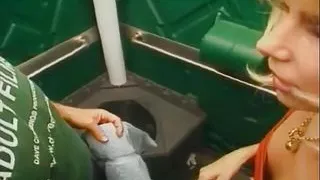 Old stud bangs blonde MILF in an outdoor toilet