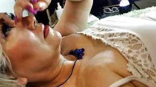 Funny games with the pussy of my sweet bitch-wife... Deep vibrations of lovens and transparent dildo...