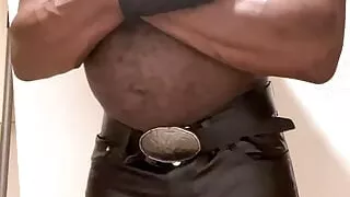 Black Mature Muscle in Leather Fetish Nipple Workout