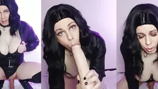 Trans sissy sucks a big dildo, rides it and cums