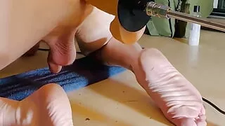 Daddy Taking Big Toy On Knees With Feet