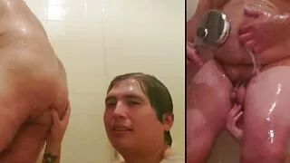 Latino Daddy Showers with his Boy