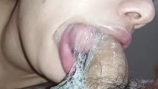 jacking off and licking the bastard's hard dick, all smeared