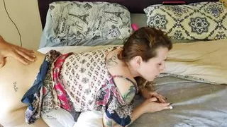 video amateur redhead in a dress without panties masturbating having her feet licked hairy pussy sucked fucking her big ass
