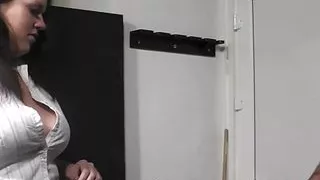 Fat office brunette in fishnets riding boss dick