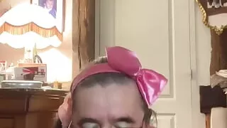 Outfit with a little floral dress to suck a dildo