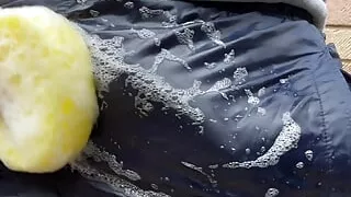 Playing with soapy water in my nylon pants and vintage adidas sprinter