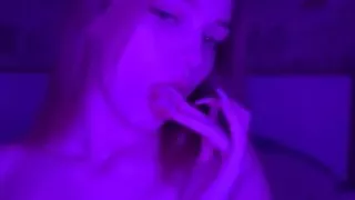 Petite babe masturbates and sucks sweetly