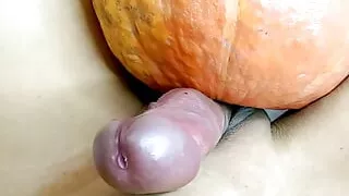 Hands-free pumpkin masturbation cream pie on stomach