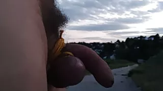 I am walking naked in the vineyards just about 100m away from the houses of my village. I am cumming before I get clothed.