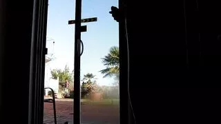 johnholmesjunior does solo show at airbnb for neighbours and guests watch him shoot huge cum load