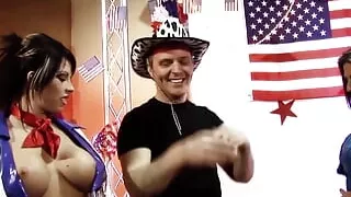 Two busty milf brunettes dressed up as cowgirls ride two hard dicks until they cum on them