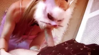 Penetrating the cosplay blonde milf with his big cock as her fake boobs bounce ends with a facial