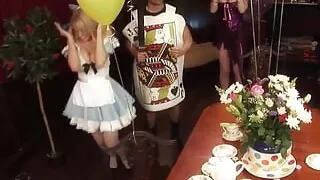 A group of horny men and super naughty women fuck hard dressed up in Alice in Wonderland costumes