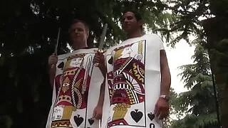 Blonde milf dressed up as Alise in Wonderland gets into an intense outdoor group role play action