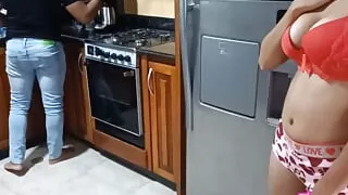 He catches the sexy stepsister with huge big tits in the kitchen and I manage to fuck her well